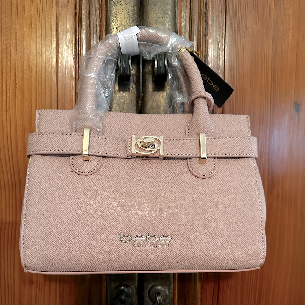 Bebe Evie Small Satchel Crossbody Handbag. Blush Color. Pebbled Texture.